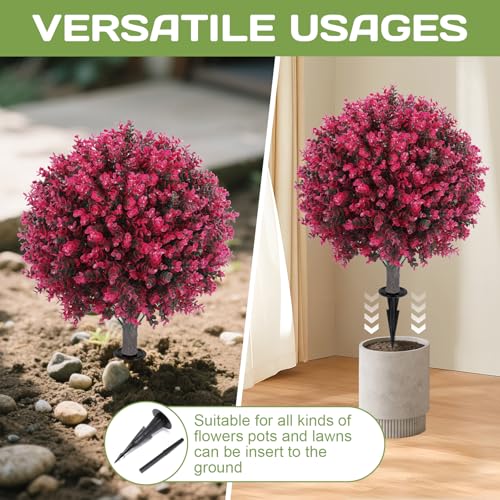 Jasmpig Artificial Red Eucalyptus Topiary Ball Tree 24" with Ground Spike, Set of 2 Artificial Boxwood Bushes for Faux Shrubs, Fake Evergreen Faux Plant for Indoor Outdoor Garden -UV Resistant–Fade-Proof - Image 4