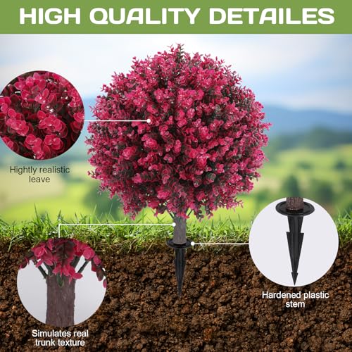 Jasmpig Artificial Red Eucalyptus Topiary Ball Tree 24" with Ground Spike, Set of 2 Artificial Boxwood Bushes for Faux Shrubs, Fake Evergreen Faux Plant for Indoor Outdoor Garden -UV Resistant–Fade-Proof - Image 3