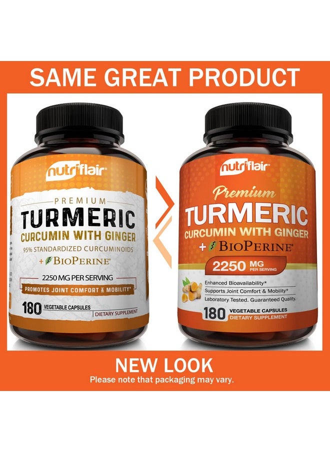 NutriFlair - Turmeric Curcumin With Ginger And Bioperine Black Pepper Supplements 180 Capsules 95% Curcuminoids Joint Support Antioxidant Anti Aging Natural Nongmo Vegan Best Maximum Potency - Image 1
