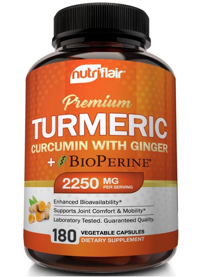 NutriFlair - Turmeric Curcumin With Ginger And Bioperine Black Pepper Supplements 180 Capsules 95% Curcuminoids Joint Support Antioxidant Anti Aging Natural Nongmo Vegan Best Maximum Potency - Image 1