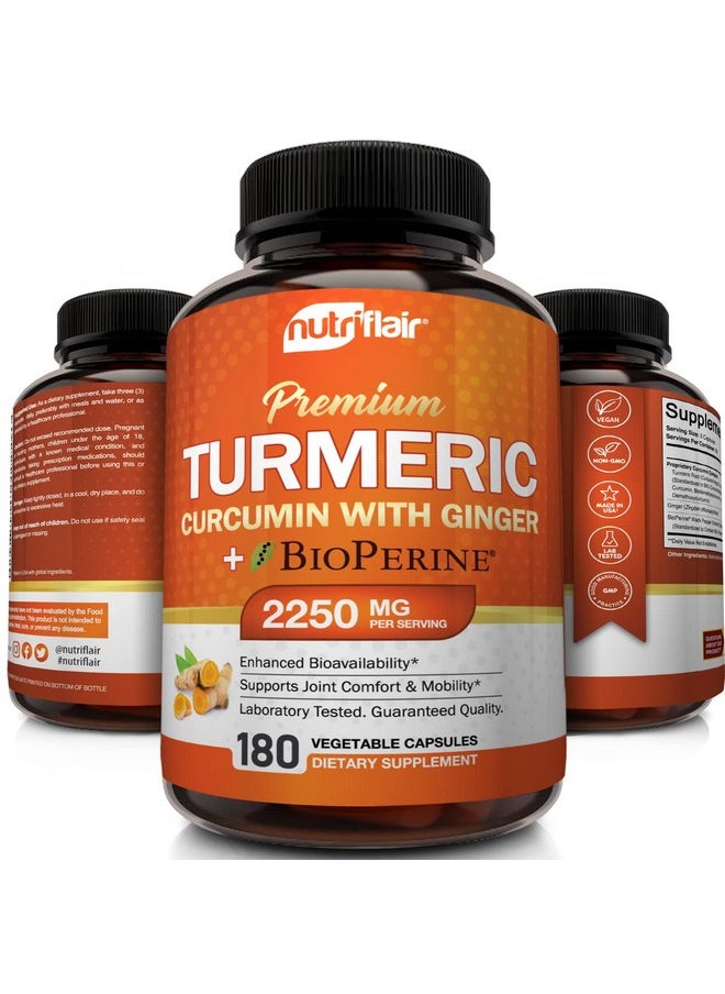 NutriFlair - Turmeric Curcumin With Ginger And Bioperine Black Pepper Supplements 180 Capsules 95% Curcuminoids Joint Support Antioxidant Anti Aging Natural Nongmo Vegan Best Maximum Potency - Image 1