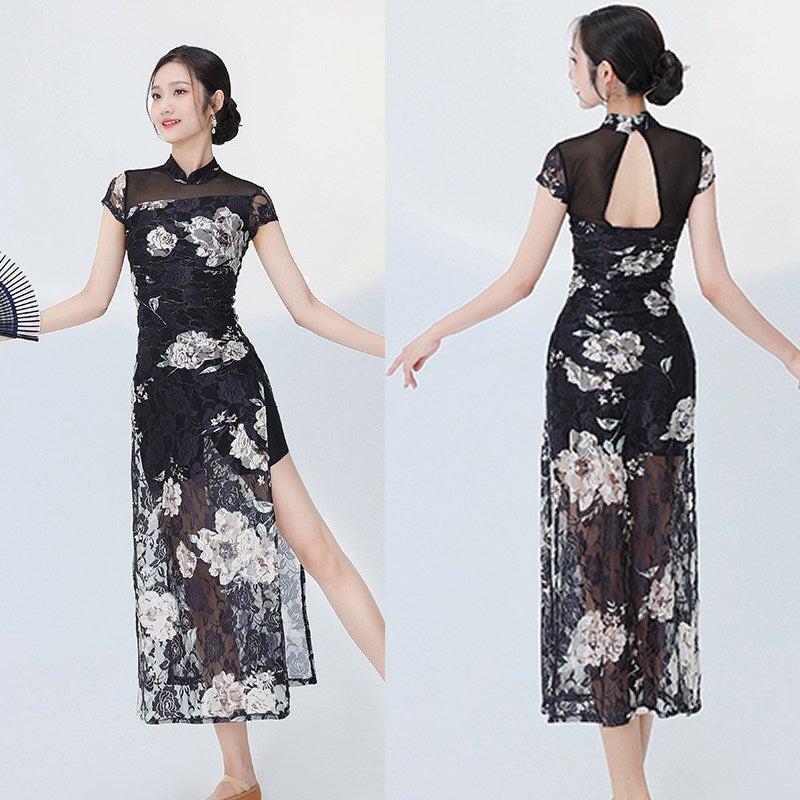 Modern classical dance qipao dance clothing temperament flower national style qipao skirt slit body rhyme ethnic style training clothes - Image 3