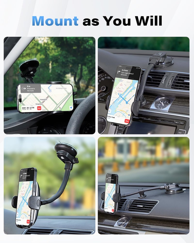 1Zero Solid Car Truck Phone Mount Holder with Thick Gooseneck Long Arm, Windshield Window Mobile Holders w/Industrial-Strength Suction Cup, Anti-Shake Stabilizer Compatible All Cell Phones, Black - Image 5