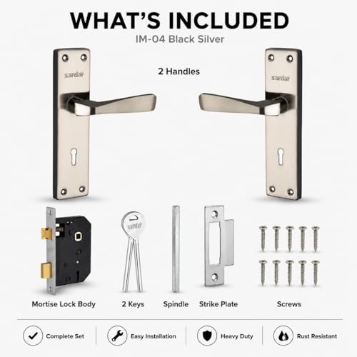 SARDAR Black & Silver 7 Inch Iron Mortise Door Handle Lock Set for Main Door & Bedroom | Heavy Duty Complete Fitting Set | IM-04BS - Image 4