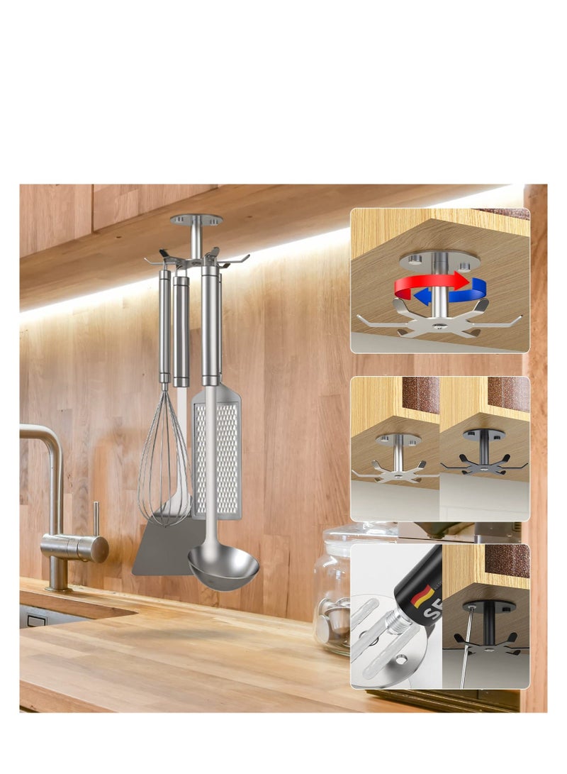 Y&D Under Cabinet Hooks 360° Rotating, 1pcs Kitchen Utensil Holder, 304 Stainless Steel Adhesive Hanging Rack, Multi-Installation, for Utensils/Tools/Towel/Knife (1, Brushed Nickel) - Image 2