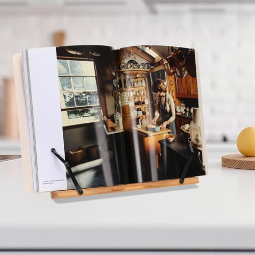 MEGREZ Bamboo Book Stand 11 x 8.0 inch, Foldable Cookbook Holder with 6 Adjustable Height, Reading Book Holder for Recipe, Music Book, Textbook, Tablet Stand, The Language of Lotus - Image 5