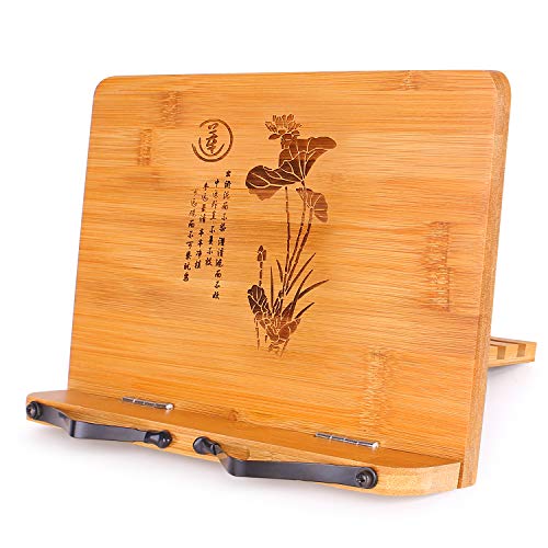 MEGREZ Bamboo Book Stand 11 x 8.0 inch, Foldable Cookbook Holder with 6 Adjustable Height, Reading Book Holder for Recipe, Music Book, Textbook, Tablet Stand, The Language of Lotus - Image 1
