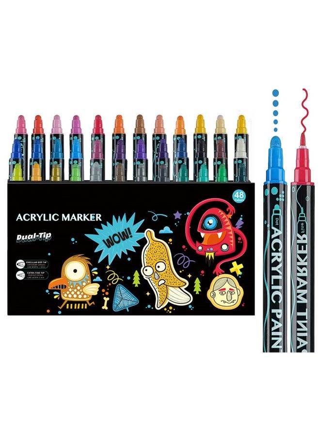 Zeemey 48PCS Double-ended Acrylic Paint Marker, Dot & Fine Tip Premium Coloring Drawing Markers Set For Children's Student Handbook,Rock Painting, Wood, Ceramic, Glass, DIY Crafts & Art Supplies. Marker Pen Color Graffiti Marker Pen Painting Art Tools Stationery - Image 1