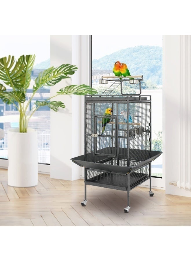 WALALLA SUPER DEAL PRO 2in1 Large Bird Cage with Rolling Stand Playtop Parrot Chinchilla Finch Cage Macaw Conure Cockatiel Cockatoo Pet House Wrought Iron Birdcage, 67×67×152, Black - Image 2