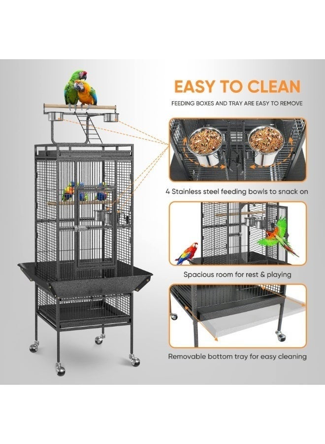 WALALLA SUPER DEAL PRO 2in1 Large Bird Cage with Rolling Stand Playtop Parrot Chinchilla Finch Cage Macaw Conure Cockatiel Cockatoo Pet House Wrought Iron Birdcage, 67×67×152, Black - Image 5