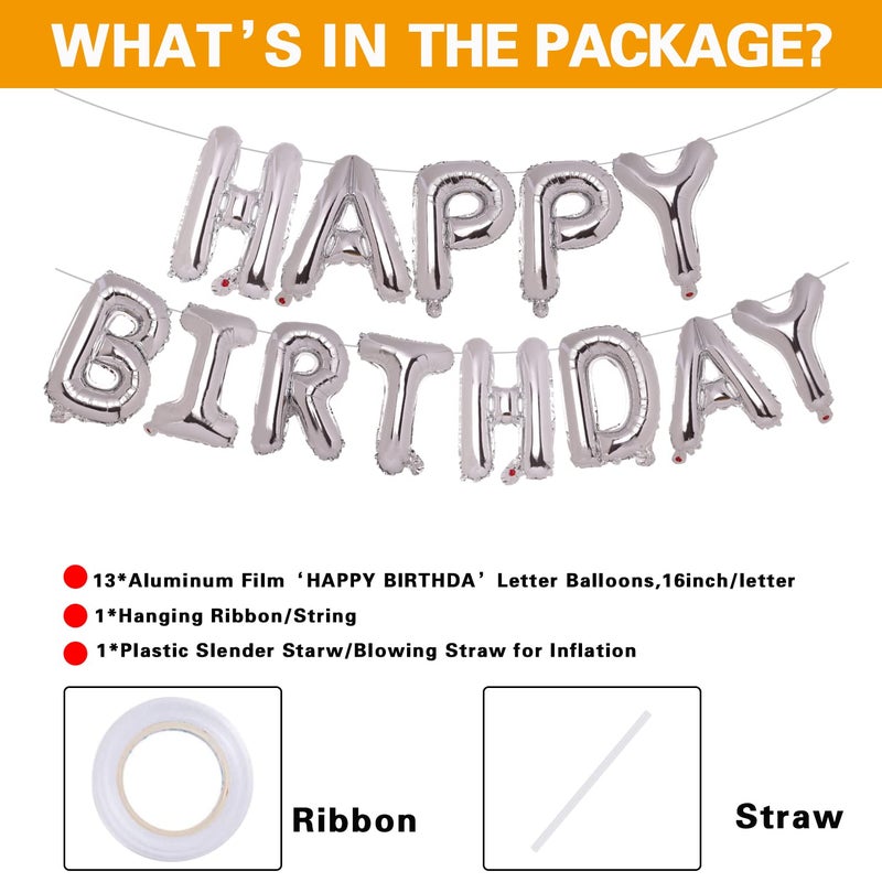 Accevo Silver Happy Birthday Balloon 16 Inch Mylar Foil Letters Balloons Happy Birthday Banner for Kids Child Adults Boys Girls Happy Birthday Sign Birthday Party Decorations Supplies - Image 2