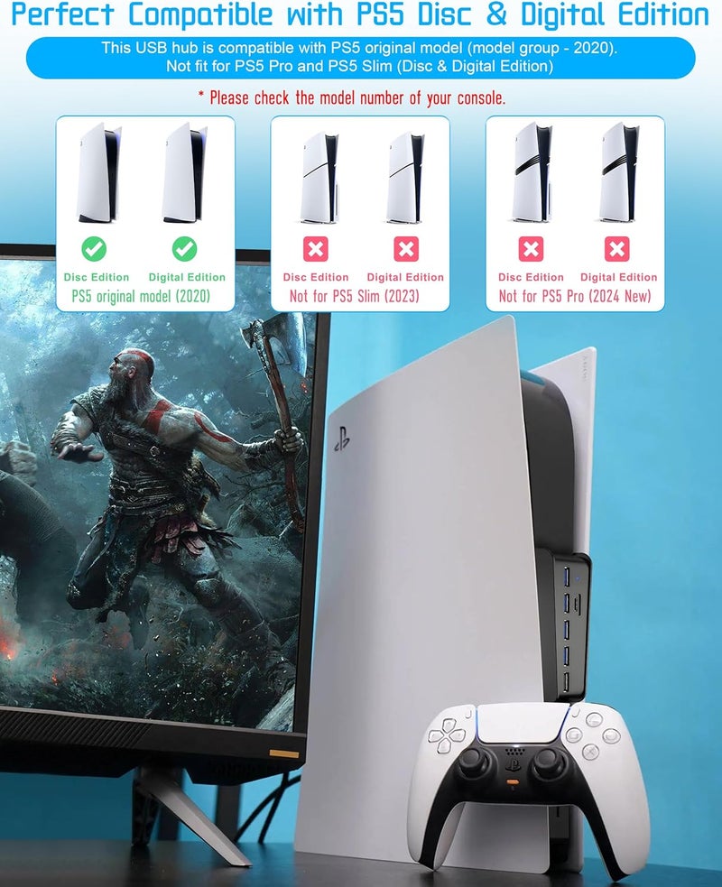 جوسو محول USB لجهاز PS5 من ، محول USB من النوع C 3.1 عالي السرعة مع 4 منافذ USB + منفذ شحن USB واحد + محول منفذ USB C – أسود - Image 2