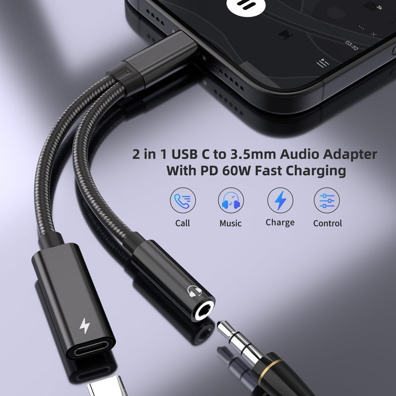 Vcddom 2 in 1 USB C to 3.5mm Headphone and Charger Adapter, USB C to AUX Mic Jack with PD 60W Fast Charging for Stereo, Earphones, Compatible with iPhone 17/16, Samsung Galaxy S25/S24, Google Pixel 9/8 - Image 2