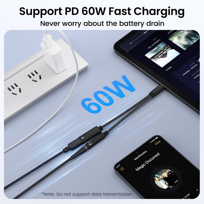 Vcddom 2 in 1 USB C to 3.5mm Headphone and Charger Adapter, USB C to AUX Mic Jack with PD 60W Fast Charging for Stereo, Earphones, Compatible with iPhone 17/16, Samsung Galaxy S25/S24, Google Pixel 9/8 - Image 3