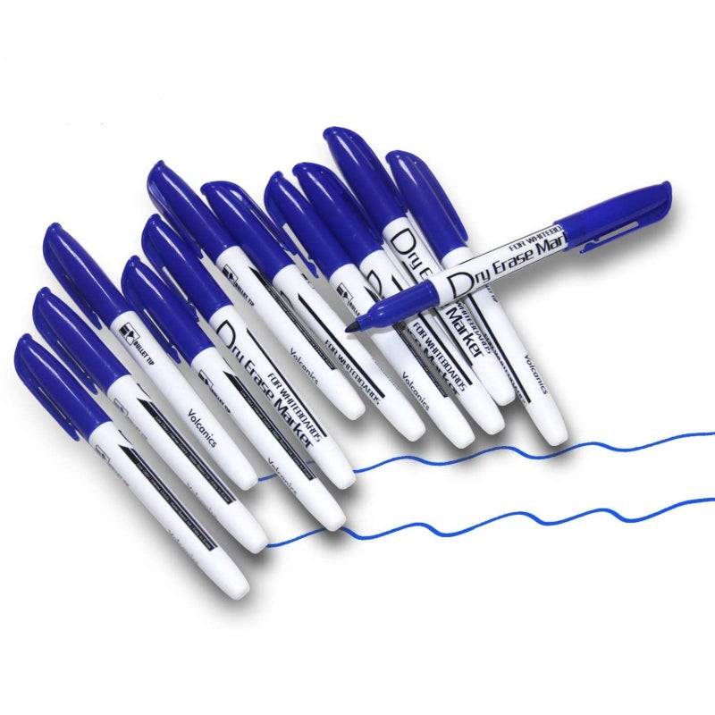 Volcanics Blue Dry Erase Markers Low Odor Fine Whiteboard Markers Thin Box of 12 - Image 1