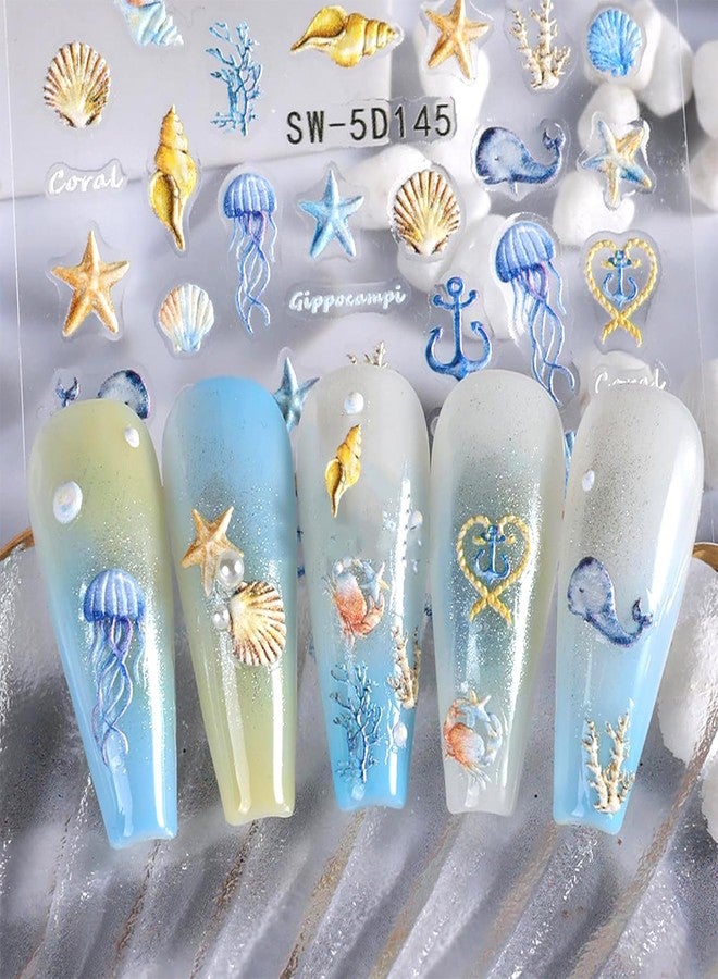 VOTACOS 4 Sheets Summer Nail Stickers - Self-Adhesive Decals with Shell, Jellyfish & Starfish Designs for Women's Nail Decoration - Image 2