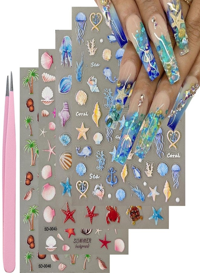 VOTACOS 4 Sheets Summer Nail Stickers - Self-Adhesive Decals with Shell, Jellyfish & Starfish Designs for Women's Nail Decoration - Image 1