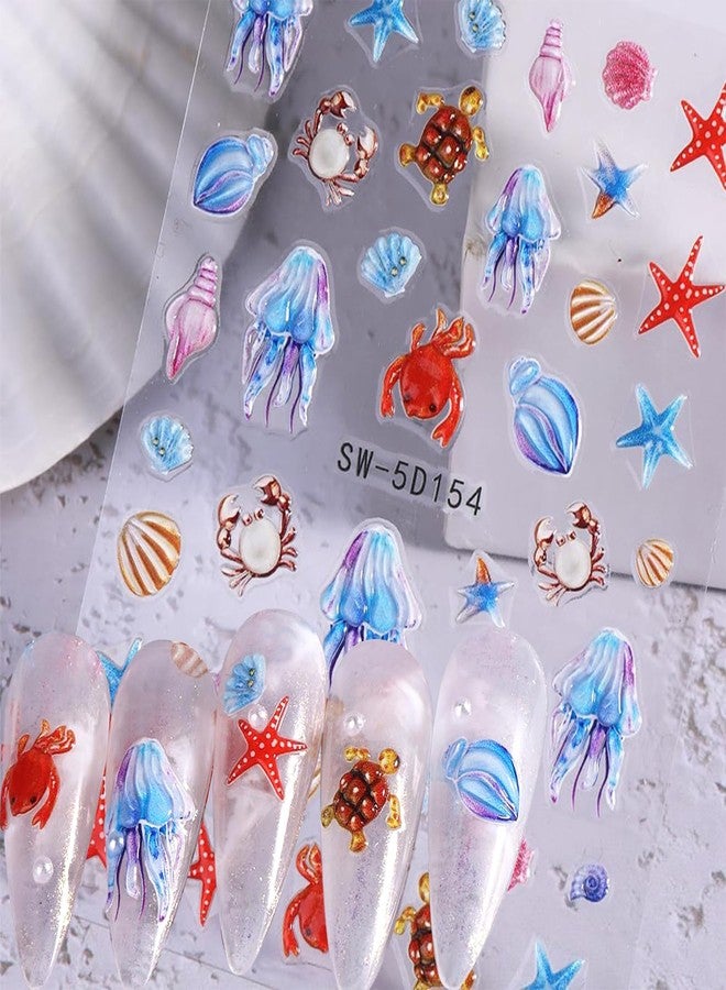VOTACOS 4 Sheets Summer Nail Stickers - Self-Adhesive Decals with Shell, Jellyfish & Starfish Designs for Women's Nail Decoration - Image 3
