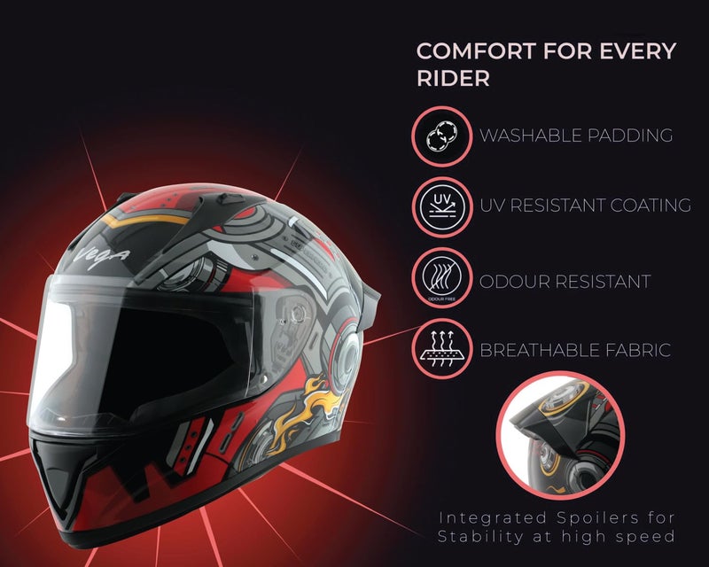 Vega Bolt Superhero ISI Certified Full Face Motorcycle Helmet with Impact Resistant ABS Shell High Density EPS Liner Scratch Resistant Visor Quick Release Buckle Comfortable Inner Padding Black Red Helmet-L - Image 2