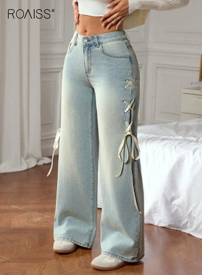 roaiss Women's High-Waisted Wide-Leg Denim Jeans Distressed Loose Straight Casual Pants with Ribbon Bow Decoration, Comfortable and Fashionable Design for Everyday Wear - Image 1