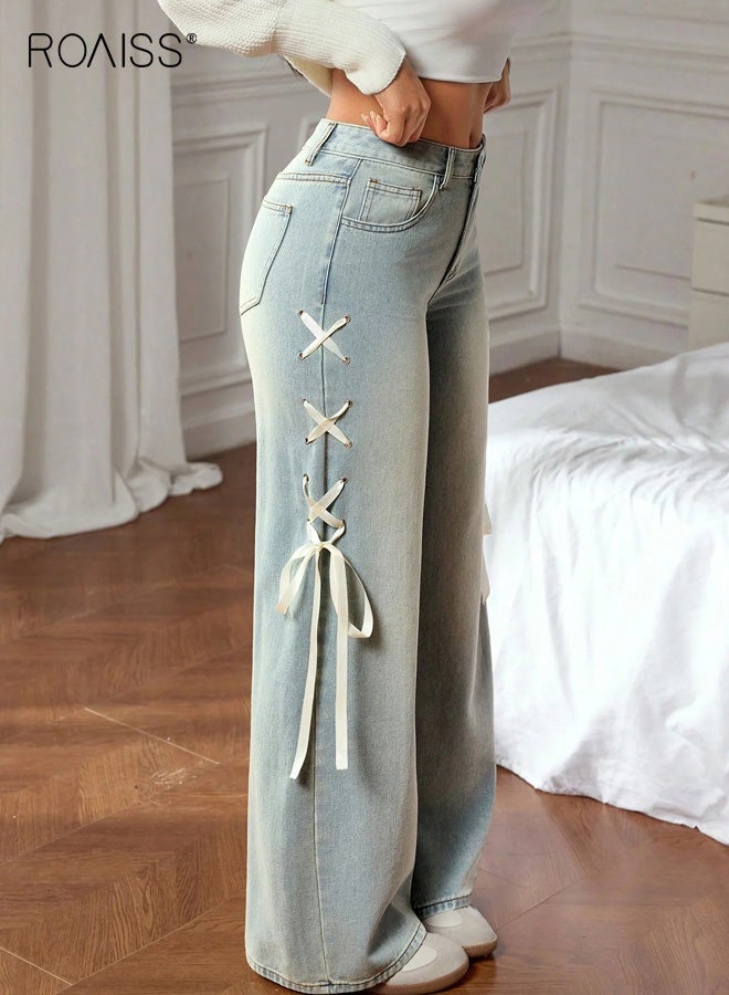 roaiss Women's High-Waisted Wide-Leg Denim Jeans Distressed Loose Straight Casual Pants with Ribbon Bow Decoration, Comfortable and Fashionable Design for Everyday Wear - Image 5