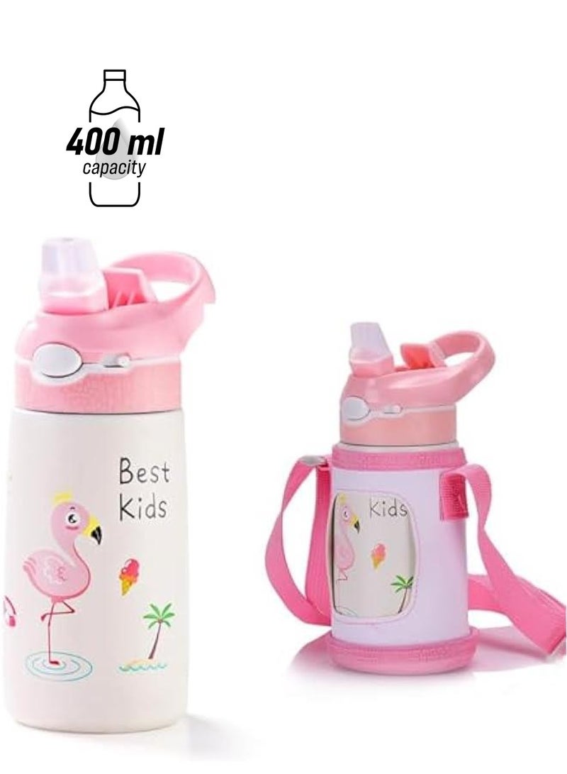 HOOKOR 400ML Children Thermos Water Bottle Kids Thermos Mug Baby Duck Billed Straw 316 Stainless Steel Vacuum Flasks Tumbler Thermo Cup, With bag (Pink) - Image 1