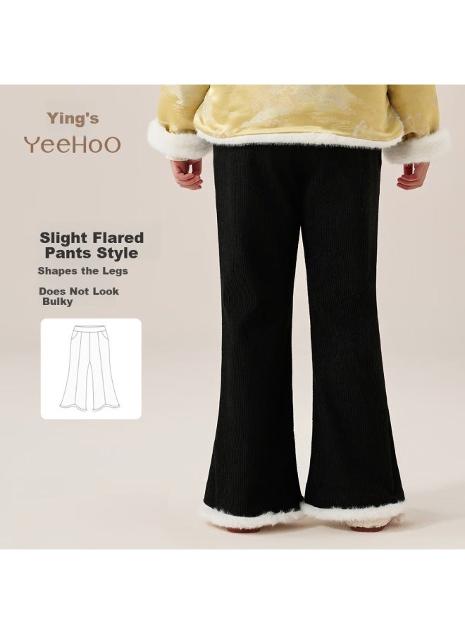 Yeehoo Girls' Flared Fleece-lined Pants, Thickened Chinese Style Winter Leggings, Black, Size 150 - Image 2