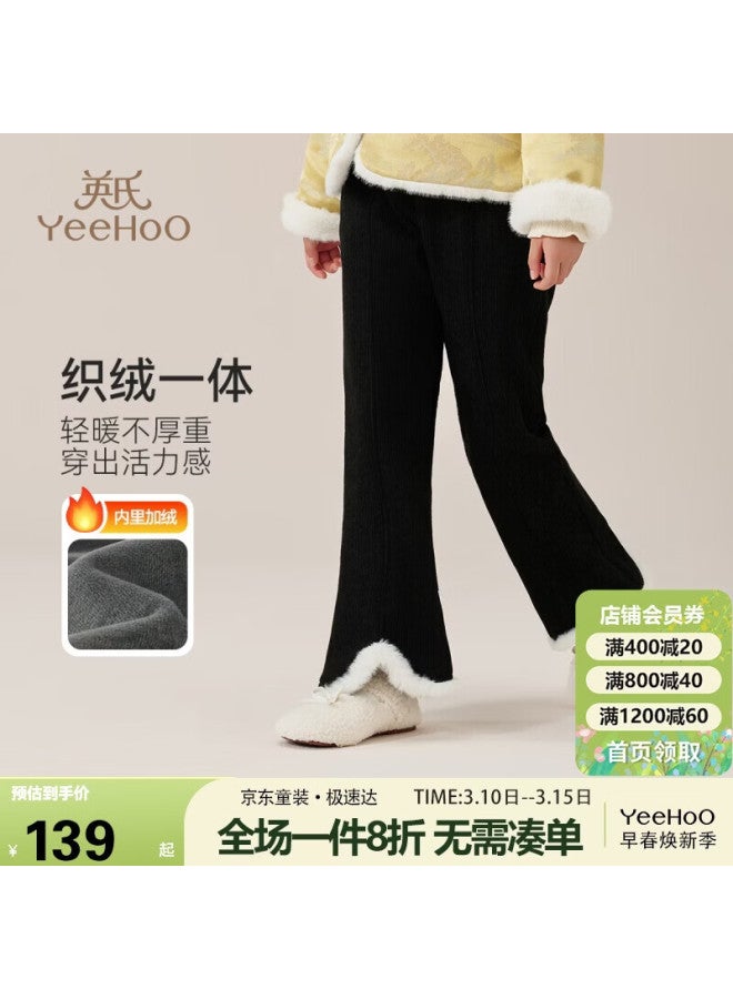 Yeehoo Girls' Flared Fleece-lined Pants, Thickened Chinese Style Winter Leggings, Black, Size 150 - Image 1