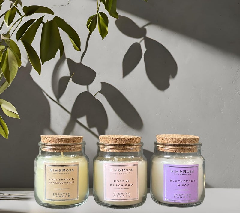SIM & ROSS Sim Ross Luxury Scented Candle Set Rose Black Oud English Oak Blackcurrant BlackBerry Bay Elegant Home Dcor LongLasting Fragrance Ideal for Gifting Special Occasions Pack of 3