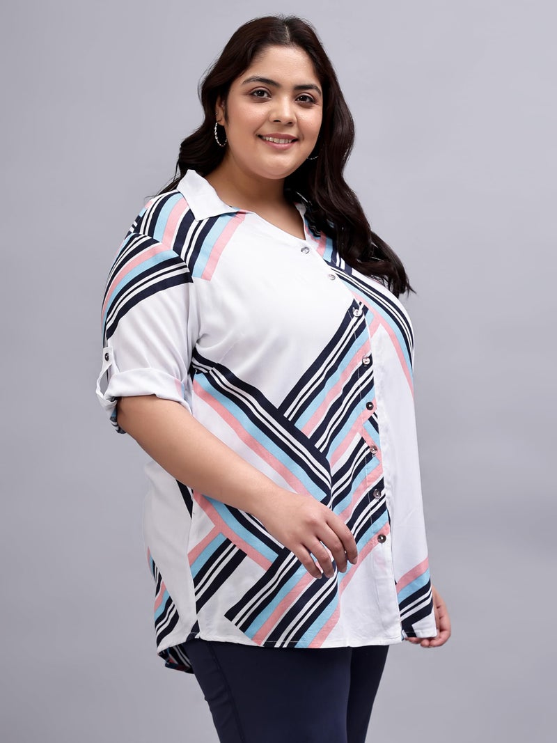 Indietoga Women's Plus Size Rayon Longline Regular Fit Shirt Tops (P10001526_Pink & Blue Stripe_7Xl) - Image 5