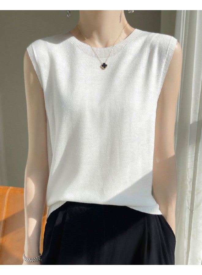 MIIOW Wool Blend ~ Spring Lightweight Sleeveless Round Neck Knitted Top For Women, Loose Fit, Breathable, Versatile, Essential For Commuting - Image 1
