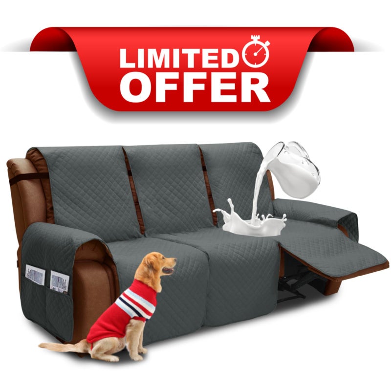 XINEAGE Water Resistant Recliner Cover 3 seat Recliner Sofa Covers with Pockets Quilted Thick Recliner Protector Cover for Dog Pets with Non Slip Backing and Strap Recliner Sofa Dark Gray