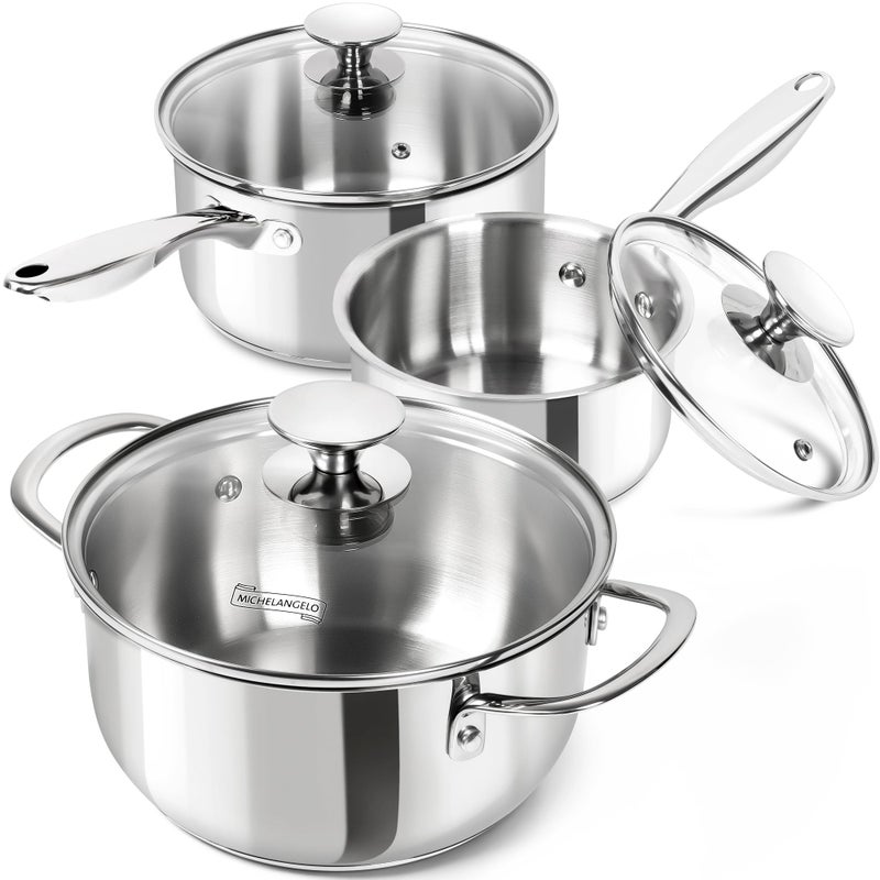 MICHELANGELO 6 Pcs Stainless Steel Saucepans, Double Handles - Image 1