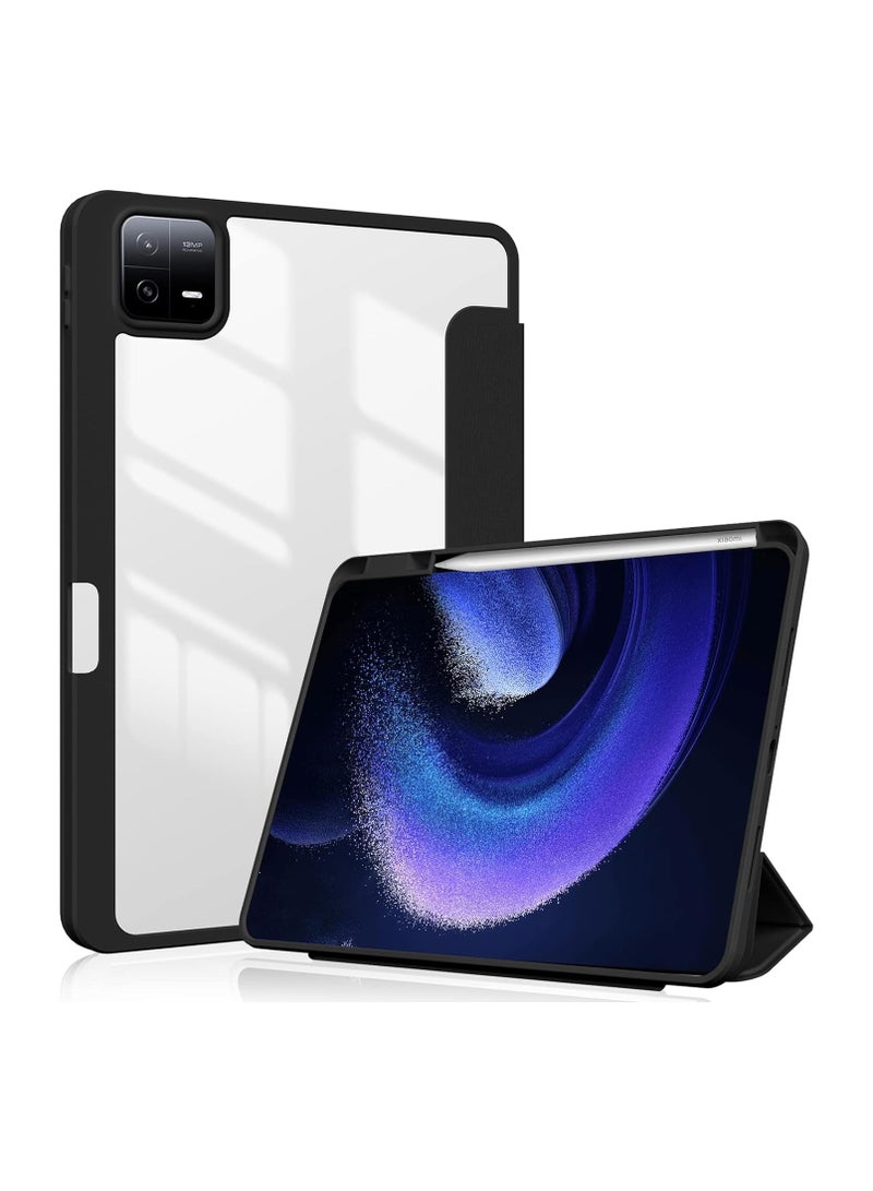 عام غطاء خلفي صلب شفاف بغطاء خلفي شفاف ثلاثي الطيات بحامل ذكي واقي لحقيبة ذكية واقية لجهاز Xiaomi 6/جهاز لوحي 6 Pro، خفيف الوزن، استيقاظ ونوم تلقائي - Image 1