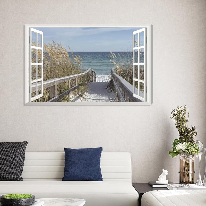 KAIRNE 3D Fake Window Wall Art - Beach Canvas Print - Image 4