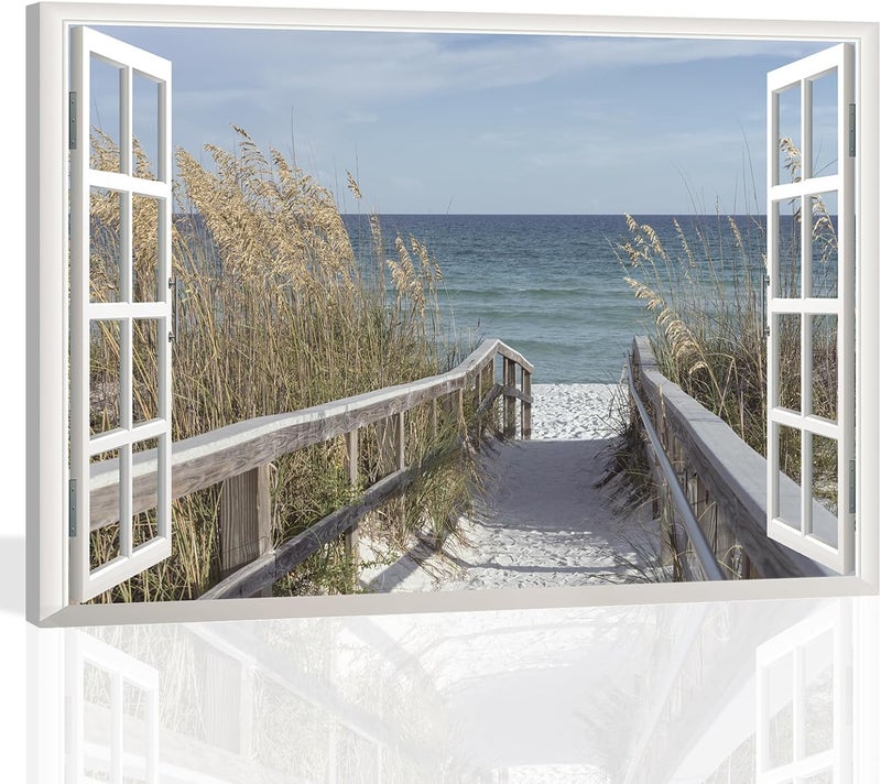 KAIRNE 3D Fake Window Wall Art - Beach Canvas Print - Image 1
