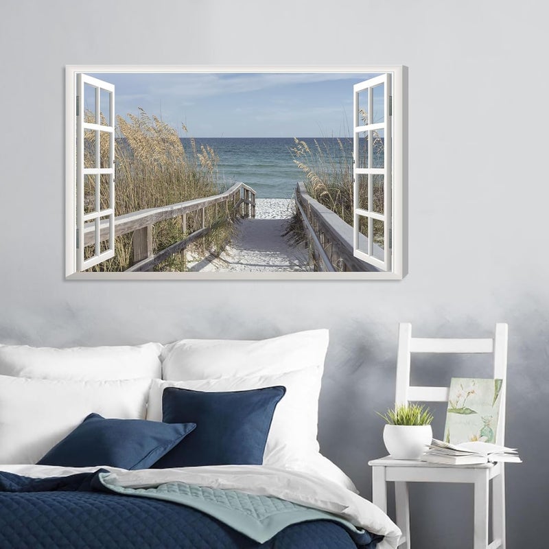 KAIRNE 3D Fake Window Wall Art - Beach Canvas Print - Image 3