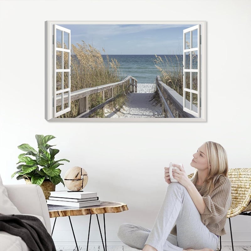 KAIRNE 3D Fake Window Wall Art - Beach Canvas Print - Image 2