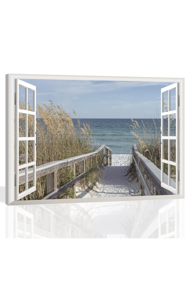 KAIRNE 3D Fake Window Wall Art - Beach Canvas Print - Image 1