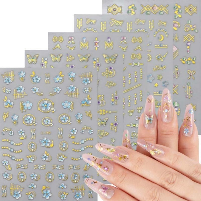 Maigitur 16Sheets Gold Nail Stickers Laser 5D Embossed Nail Decals Gem Flower Nail Designs Spring Summer Nails Supplies 3D Self-Adhesive Colorful Butterfly Fruits Nails Art Stickers for Women DIY Manicure - Image 3