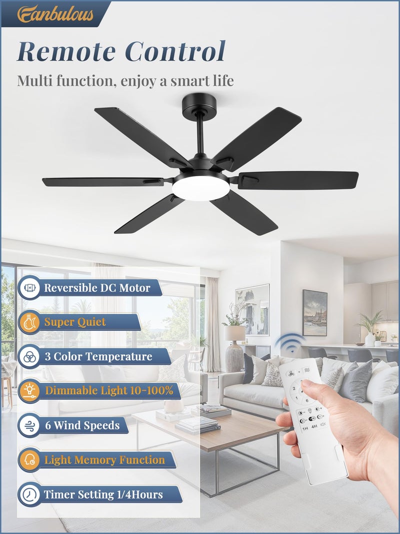 Fanbulous 52 Inch Ceiling Fans with Lights, Indoor/Outdoor Modern Ceiling Fan with Reversible Blade And 2 Rods, Quiet DC Motor, 3CCT & 6-Speed Remote Control, Dual Finish Blade for Living Room/Bedroom - Image 2