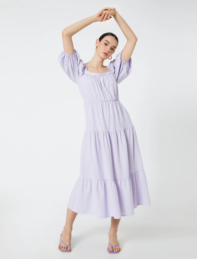 كوتون Puff Sleeve Square Neck Tiered Midi Dress