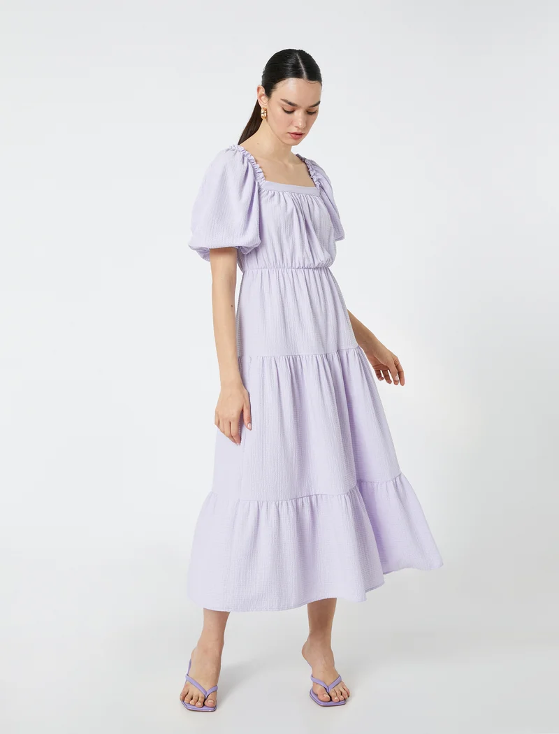 كوتون Puff Sleeve Square Neck Tiered Midi Dress