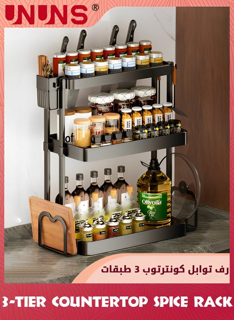 رف توابل مكون من 3 طبقات، منظم تخزين للمطبخ على سطح الطاولة، رف تخزين التوابل مع رف للسكاكين، رف ألواح التقطيع والخطافات، للمطبخ، سطح الطاولة، غرفة الطعام، أسود