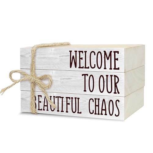 Ycyfckdr Decorative Books For Home Decor, Rustic Wood Book Stack For Table Decor, Welcome To Our Beautiful Chaos Decor Books For Living Room Bookshelf, Farmhouse Stacked Books Decor (L20) - Image 1