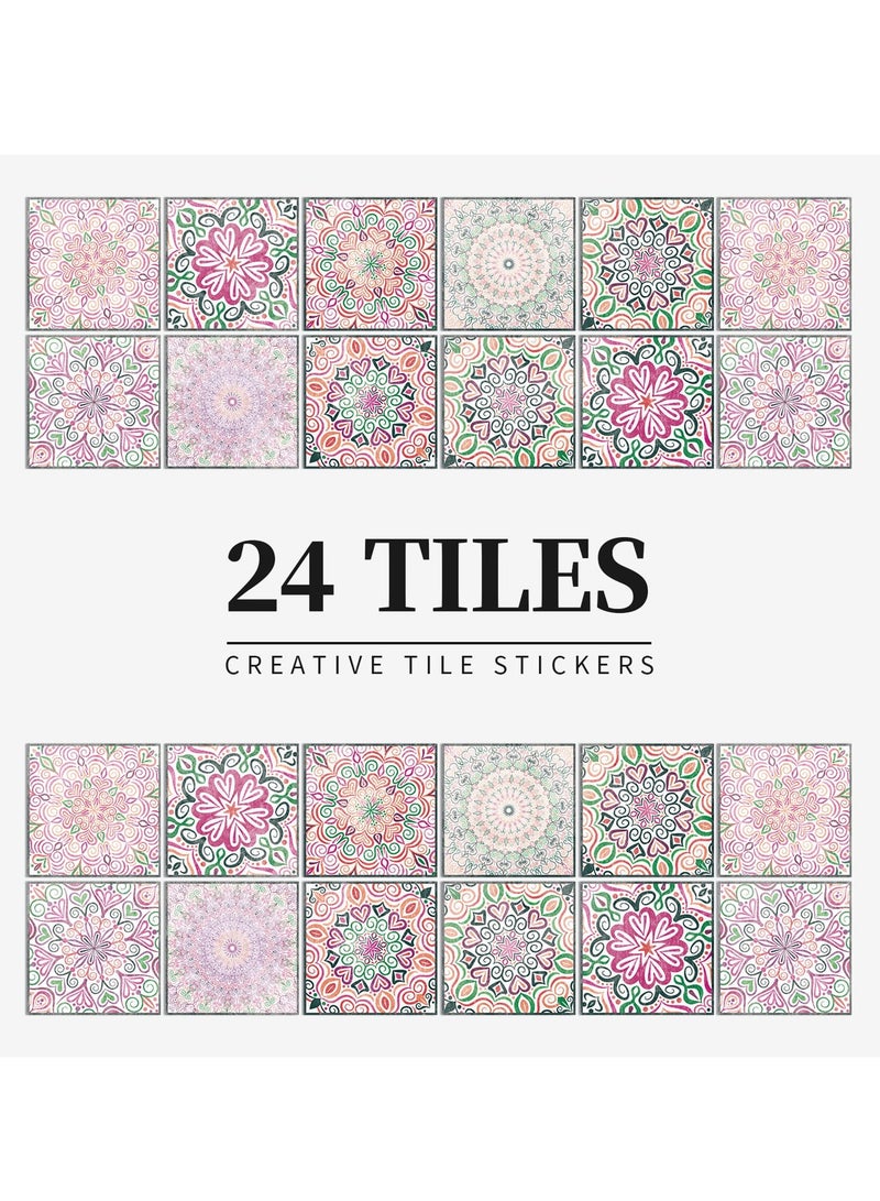 SYOSI Peel and Stick Backsplash Tile 24Pcs Adhesive Wallpaper Glossy Wall Stickers Tiles Waterproof Oil Proof Removable Decals for Bathroom Kitchen Backsplash and Adhesive Decor 15x15cm Mandala Pink - Image 1