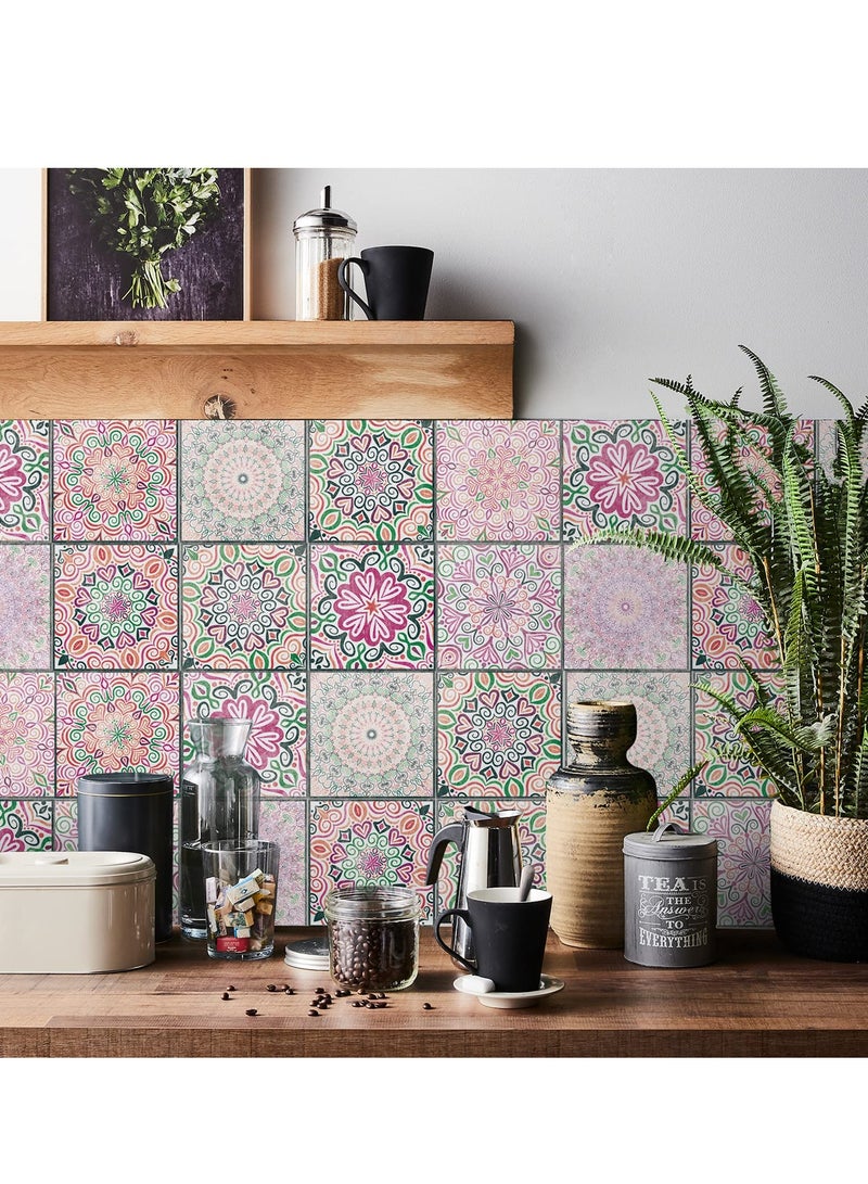 SYOSI Peel and Stick Backsplash Tile 24Pcs Adhesive Wallpaper Glossy Wall Stickers Tiles Waterproof Oil Proof Removable Decals for Bathroom Kitchen Backsplash and Adhesive Decor 15x15cm Mandala Pink - Image 4