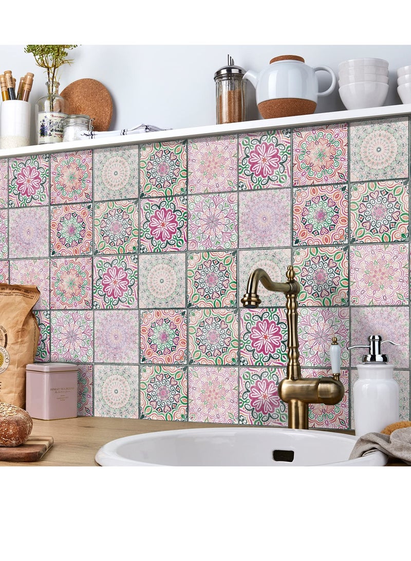 SYOSI Peel and Stick Backsplash Tile 24Pcs Adhesive Wallpaper Glossy Wall Stickers Tiles Waterproof Oil Proof Removable Decals for Bathroom Kitchen Backsplash and Adhesive Decor 15x15cm Mandala Pink - Image 3