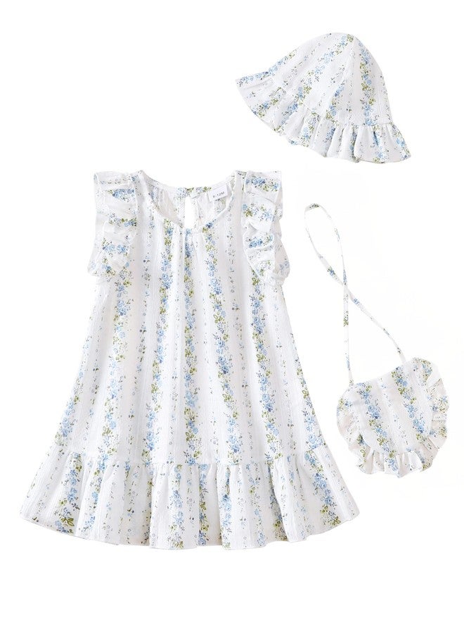 SODLON Toddler Dress 2T 3T Baby Girl Clothes Summer Ruffle Sleeveless Boho Vintage Dresses Sundress with Hat & Bag Birthday Gifts Cute Casual Outfits White Blue Floral - Image 1