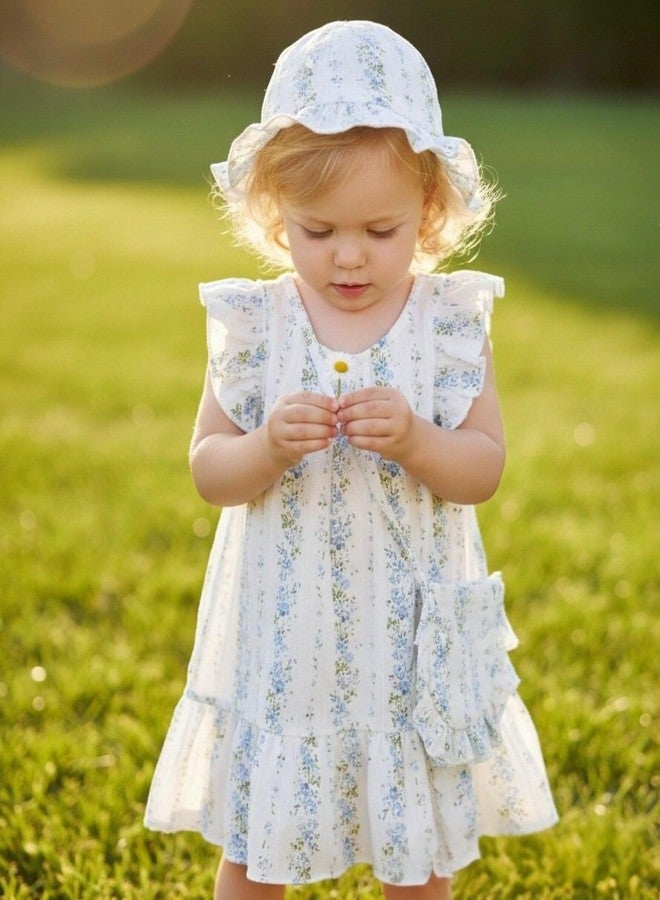 SODLON Toddler Dress 2T 3T Baby Girl Clothes Summer Ruffle Sleeveless Boho Vintage Dresses Sundress with Hat & Bag Birthday Gifts Cute Casual Outfits White Blue Floral - Image 3